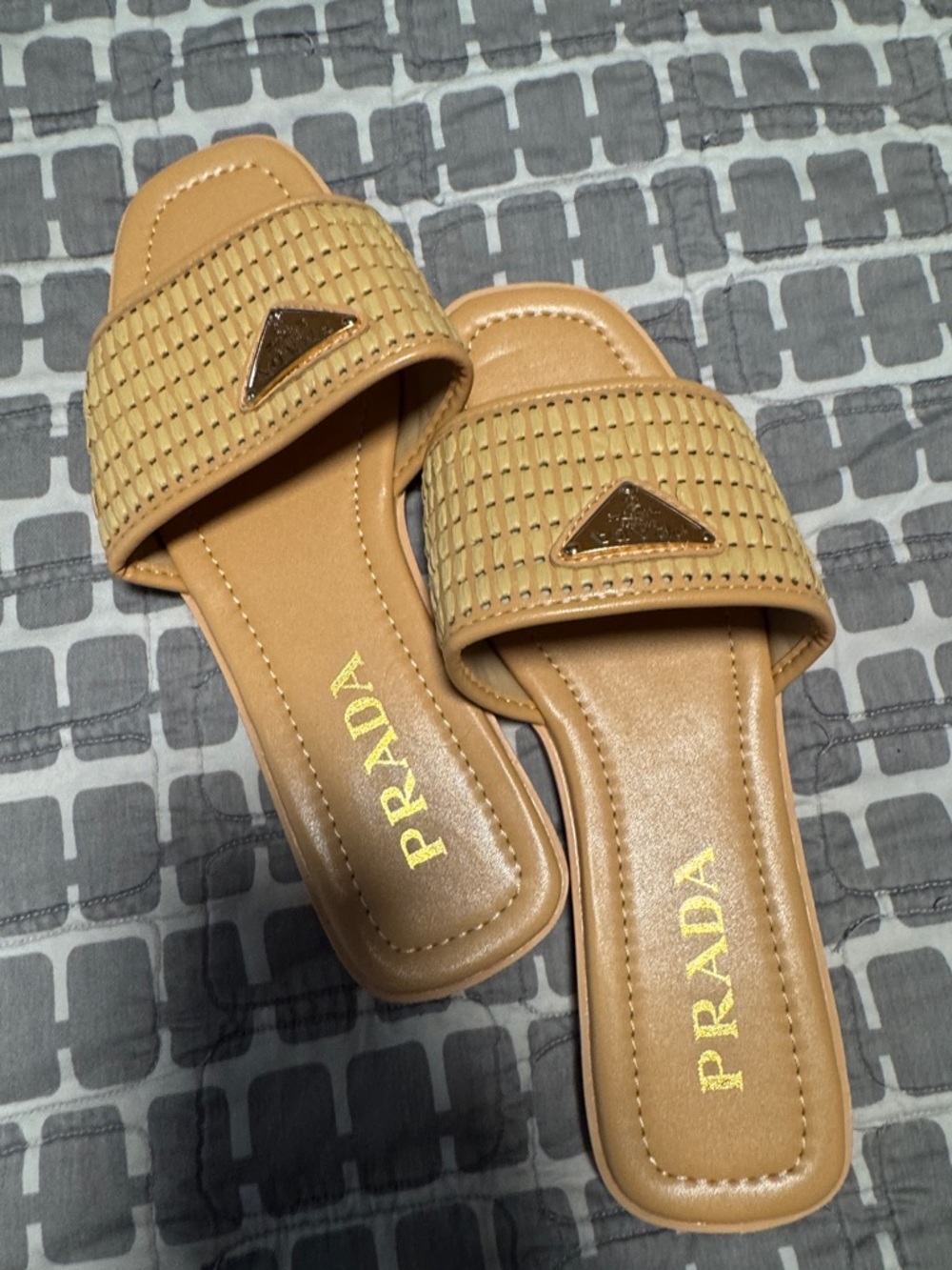 Designer Inspired Beige Woven Leather Slide Sandals with Gold-Tone Triangle Logo
